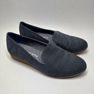 DR SCHOLLS Women's sz 8 DAWNED Faux Suede Loafers Slight Wedge Flats blue- gray